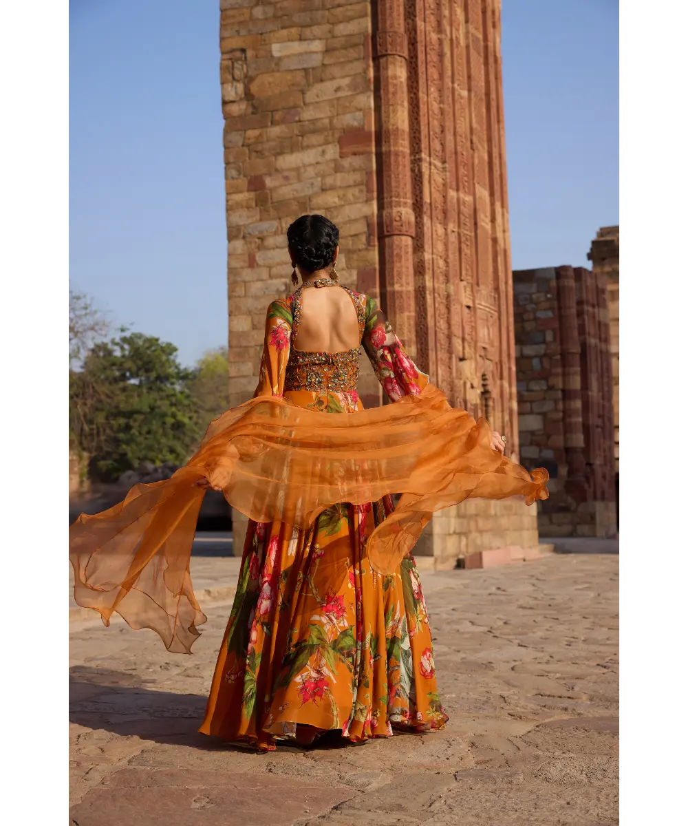AWIGNA - Orange printed embellished anarkali set