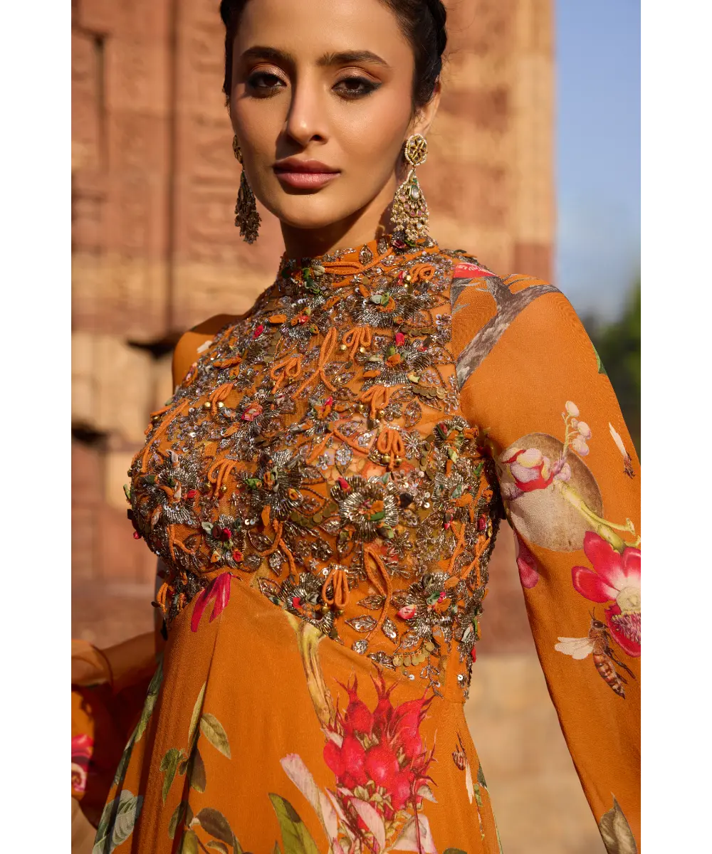 AWIGNA - Orange printed embellished anarkali set
