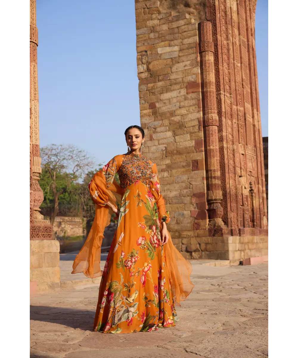 AWIGNA - Orange printed embellished anarkali set