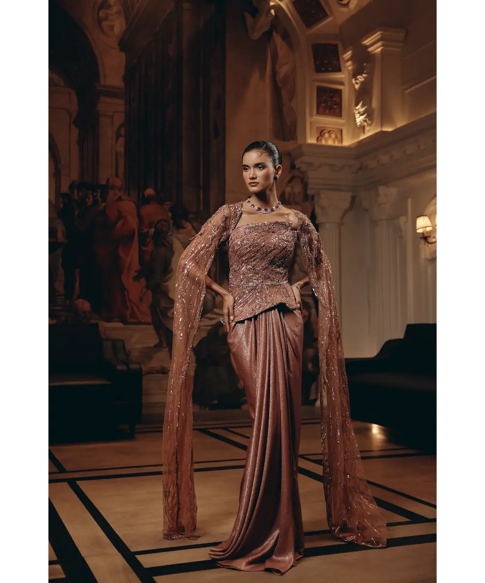 ADAARA COUTURE - Rose Gold Cape Saree