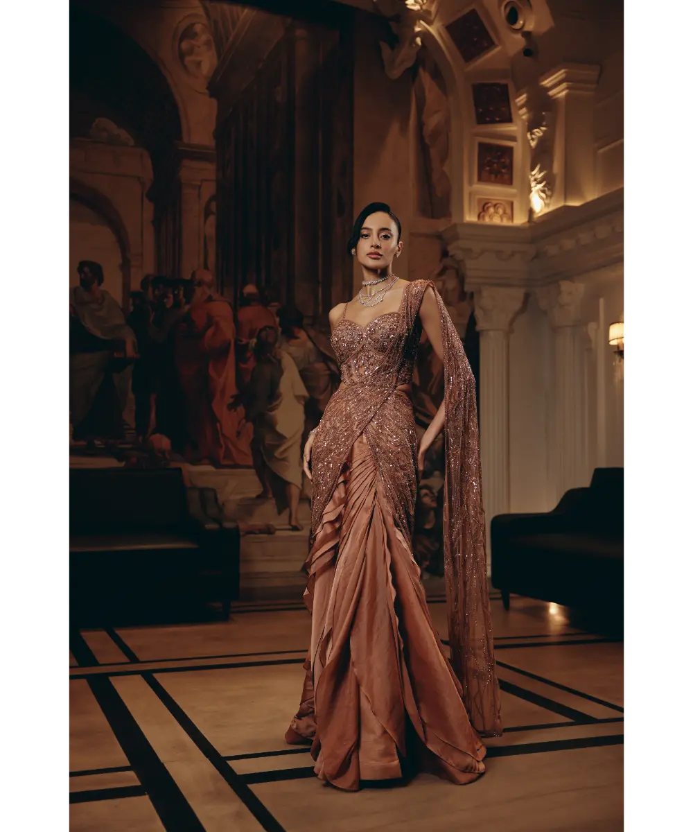 ADAARA COUTURE - Rose Gold Draped Ruffle Saree