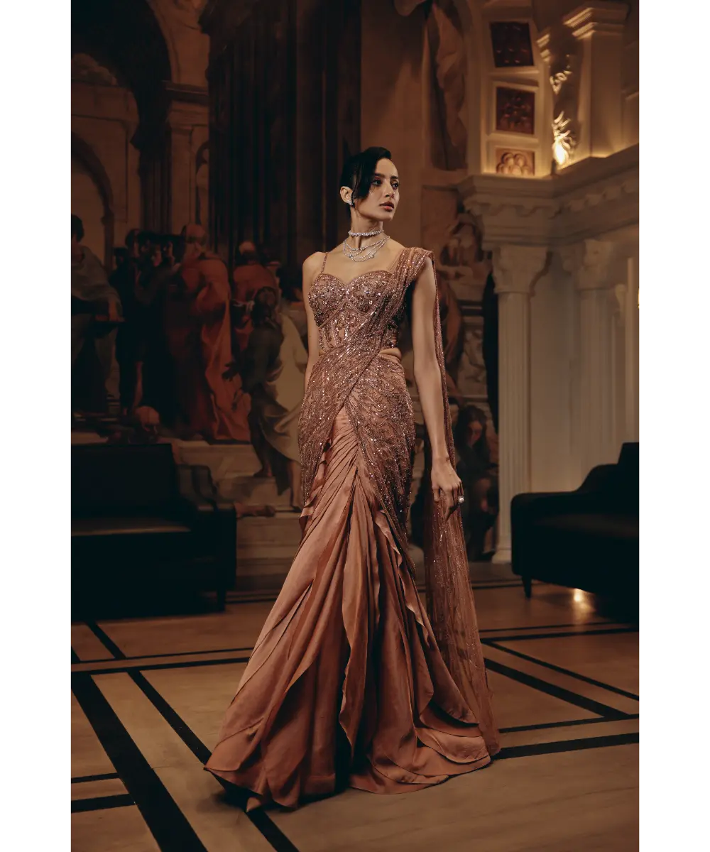 ADAARA COUTURE - Rose Gold Draped Ruffle Saree