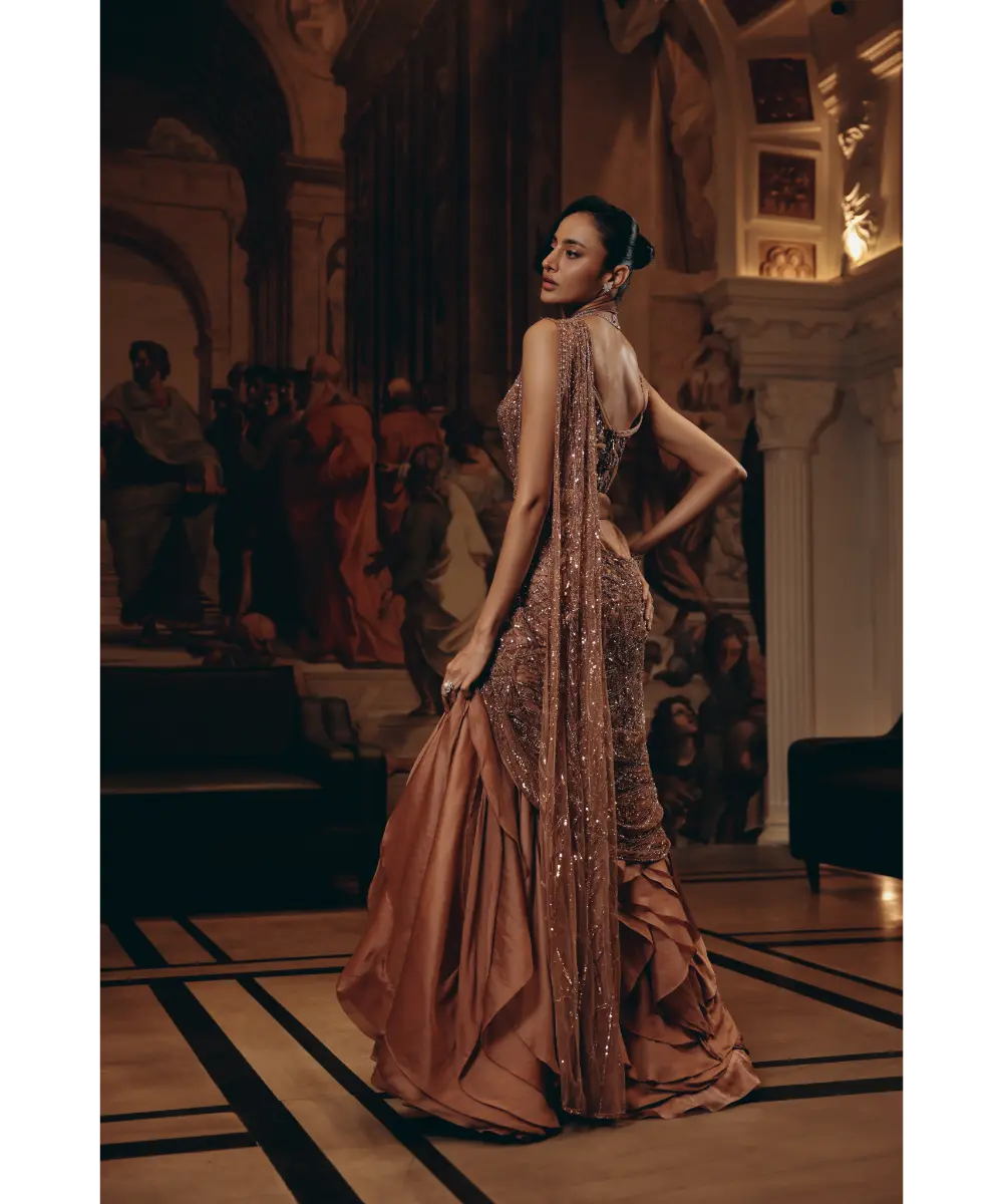 ADAARA COUTURE - Rose Gold Draped Ruffle Saree