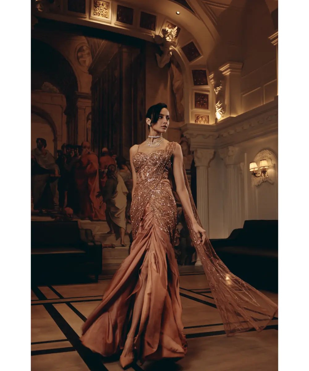 ADAARA COUTURE - Rose Gold Draped Ruffle Saree