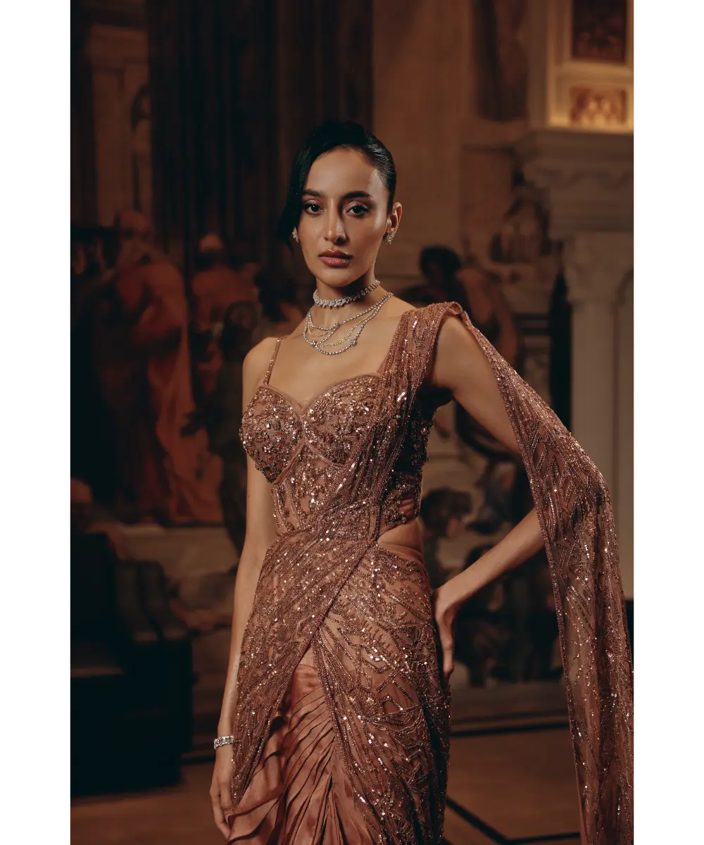 ADAARA COUTURE - Rose Gold Draped Ruffle Saree