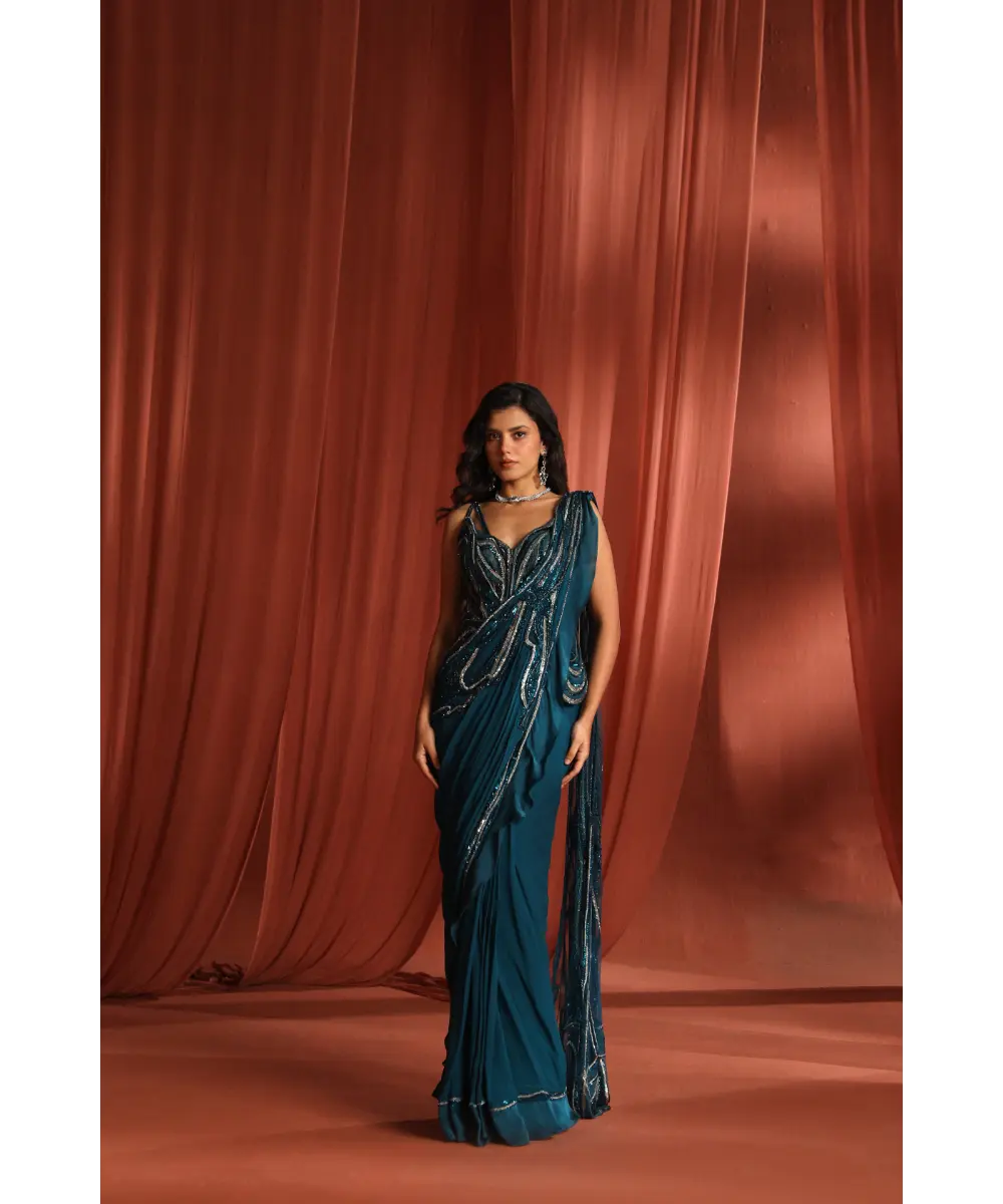ADAARA COUTURE - Teal Bloom Saree