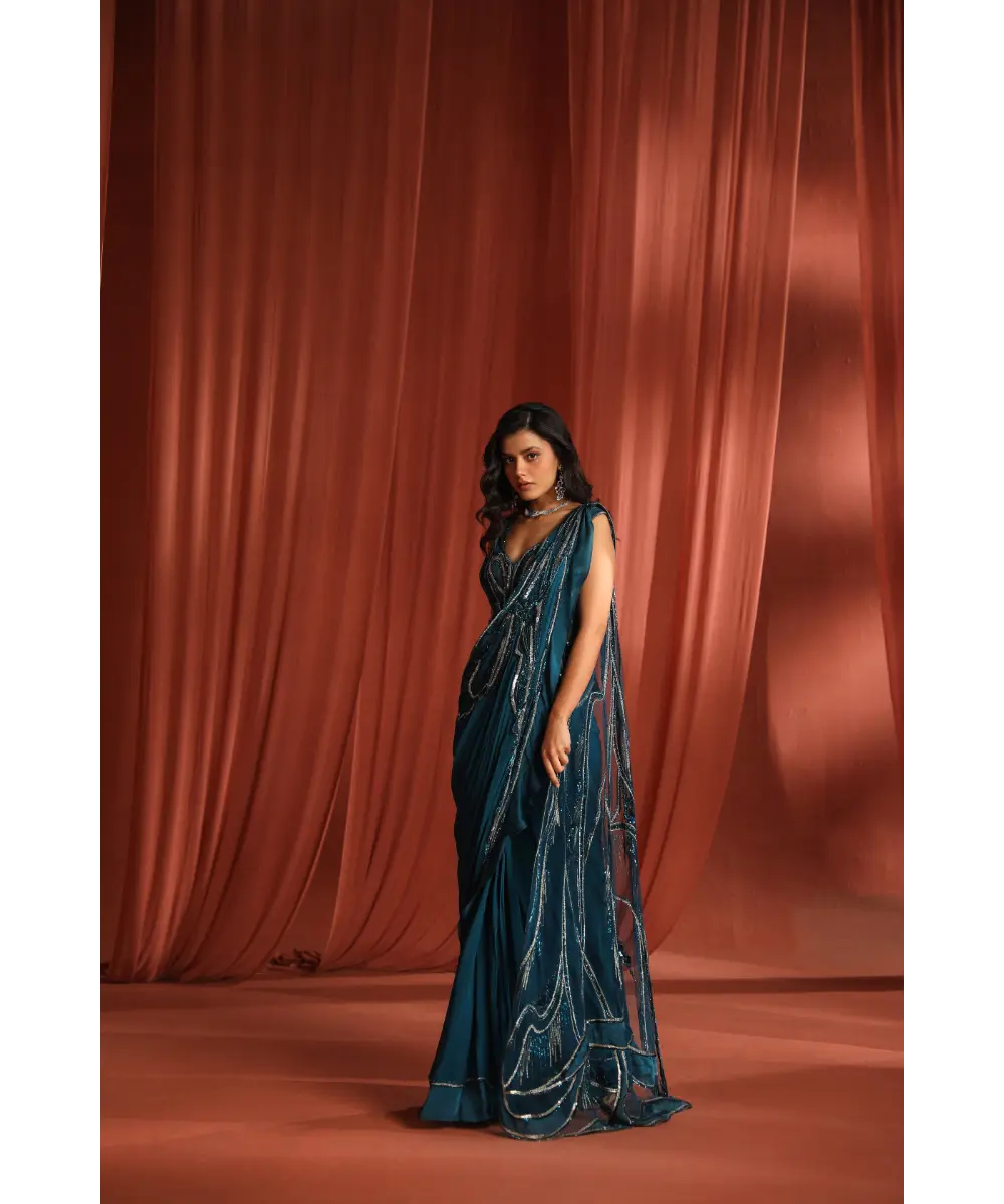ADAARA COUTURE - Teal Bloom Saree