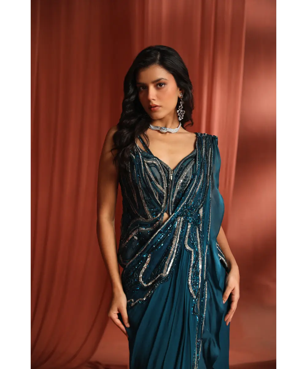 ADAARA COUTURE - Teal Bloom Saree
