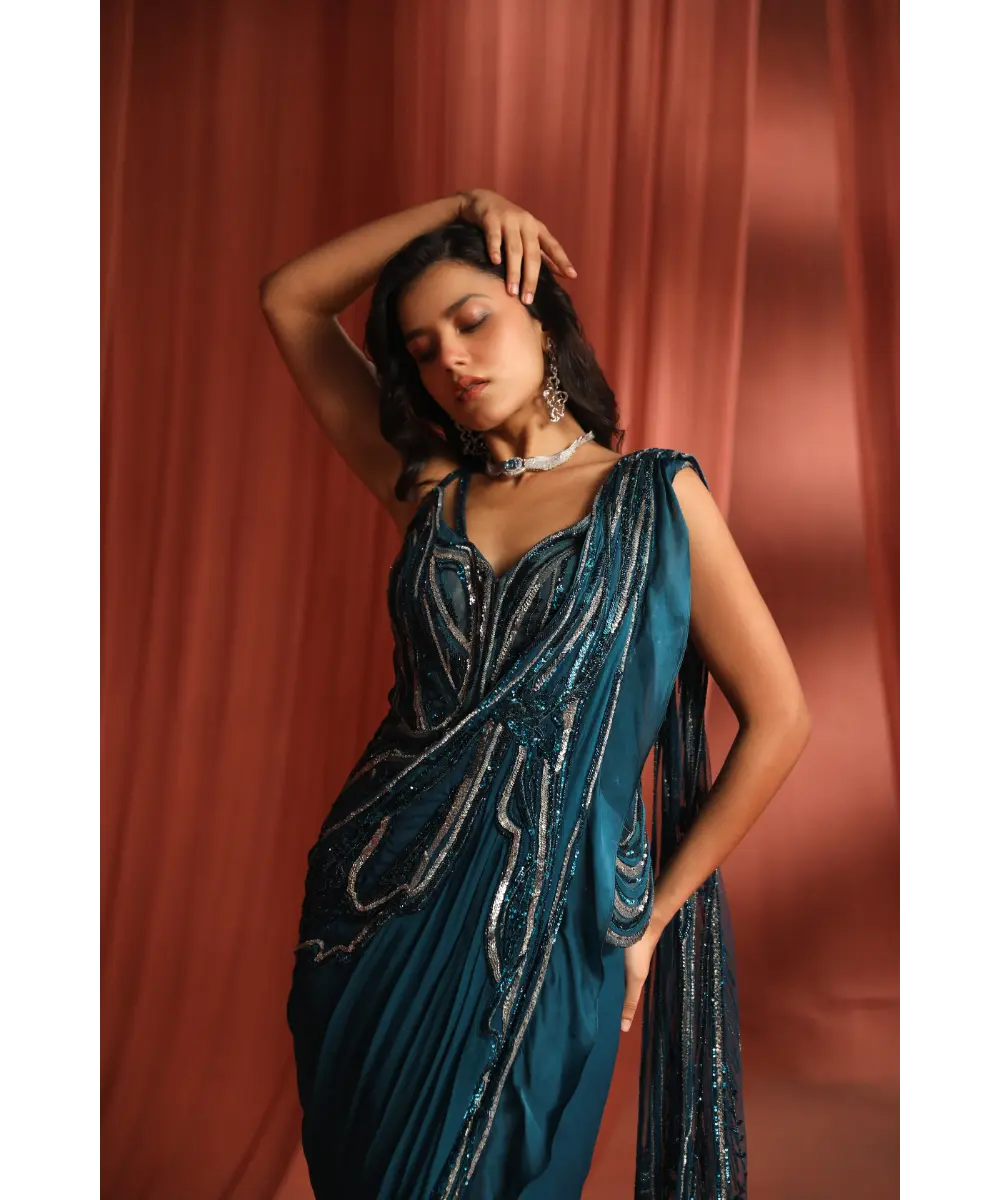 ADAARA COUTURE - Teal Bloom Saree