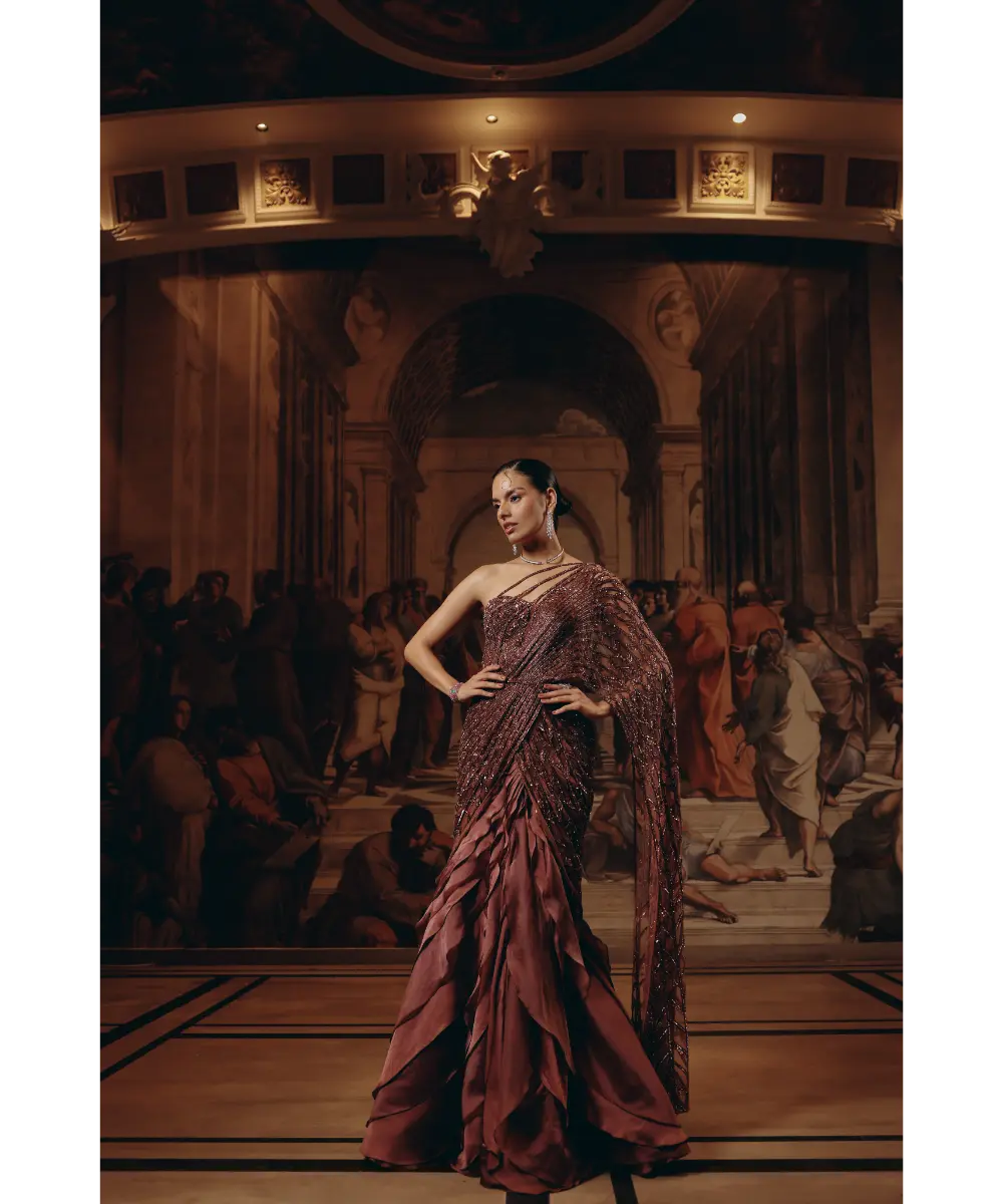 ADAARA COUTURE - Garnet Ruffled Saree