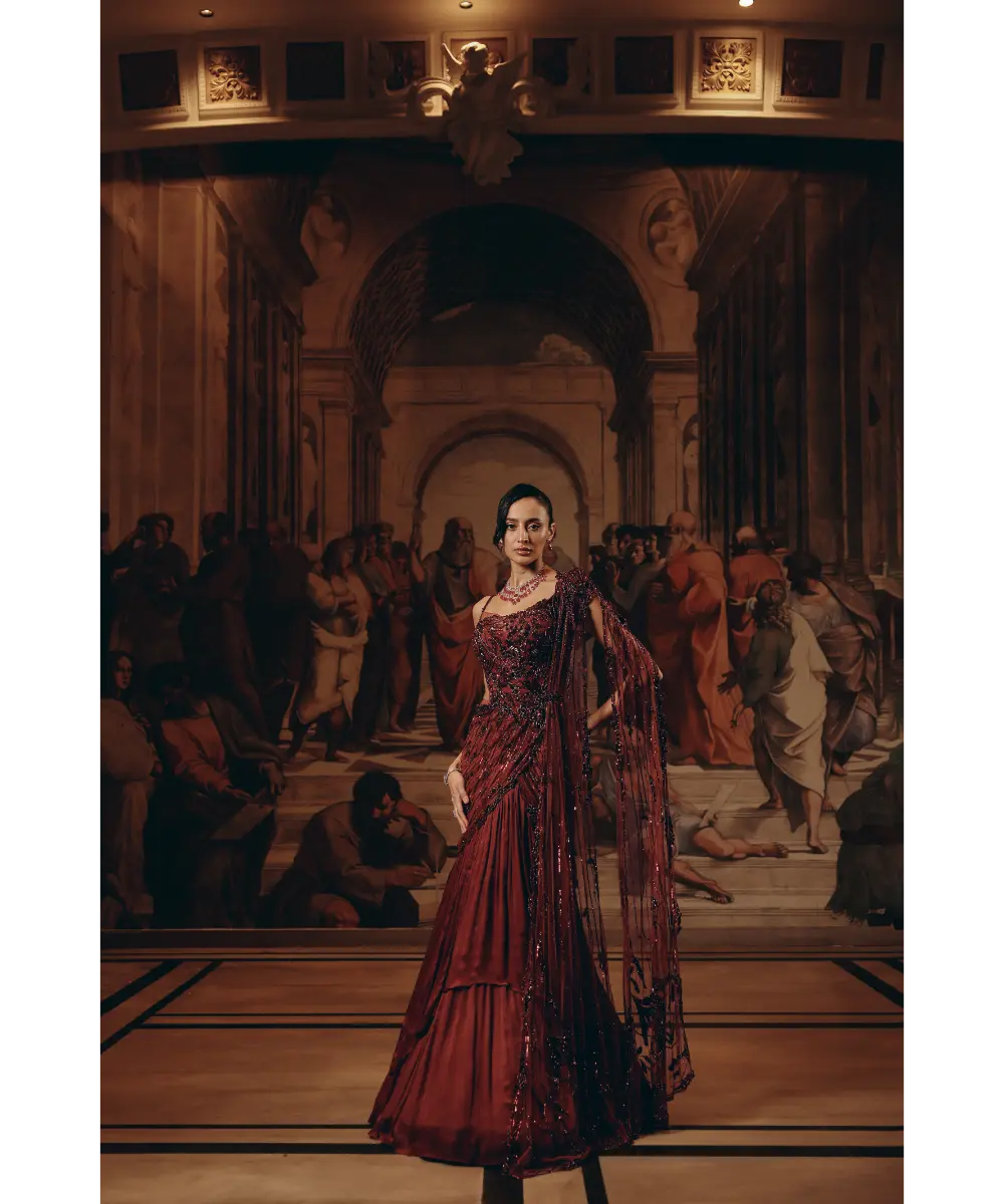 ADAARA COUTURE- Crimson Radiance saree