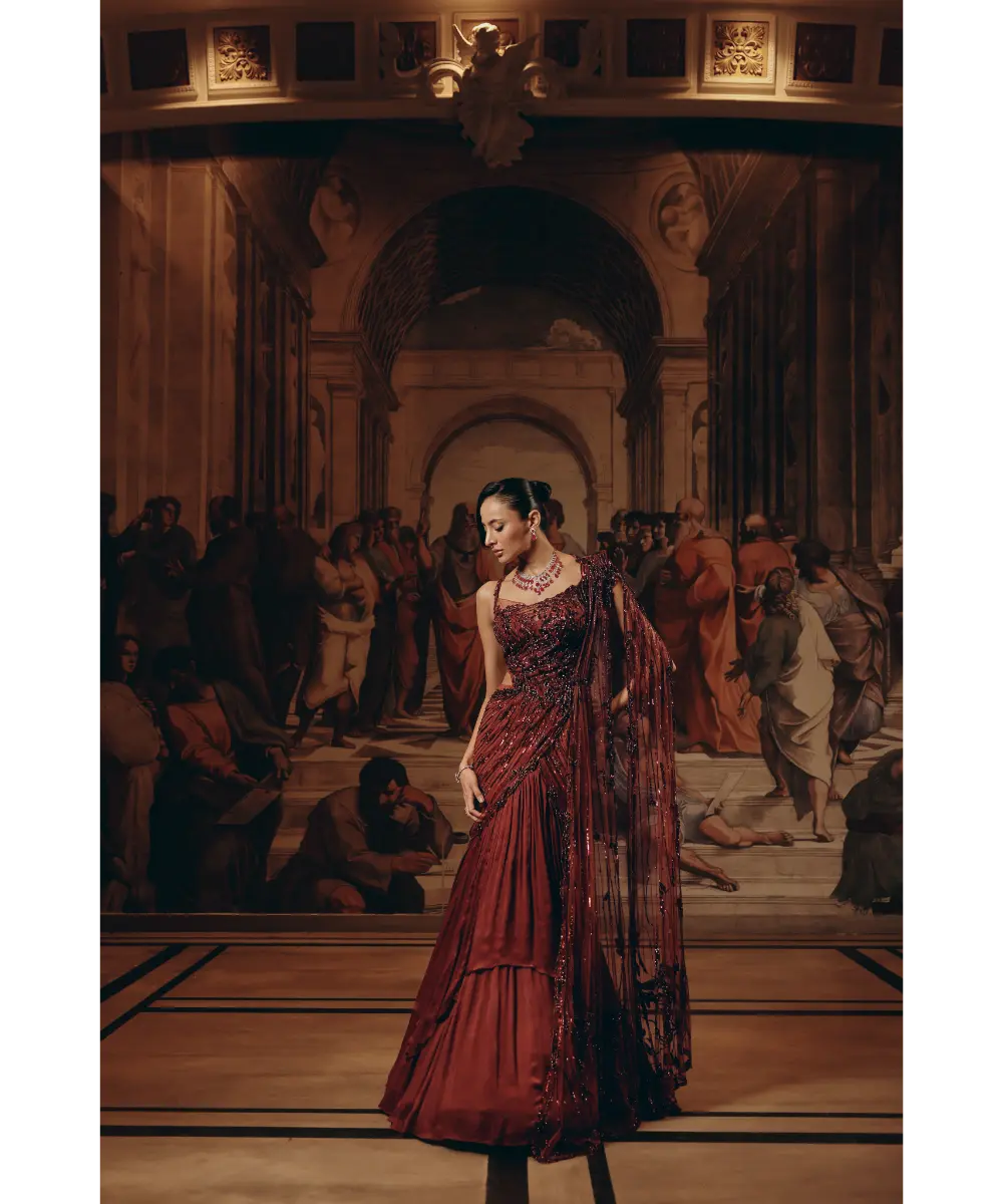 ADAARA COUTURE- Crimson Radiance saree