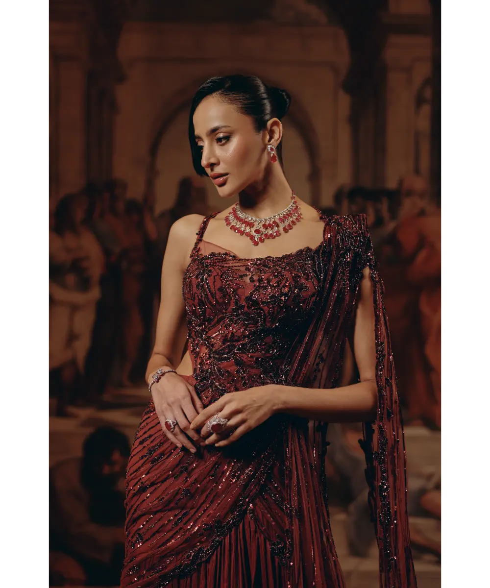 ADAARA COUTURE- Crimson Radiance saree