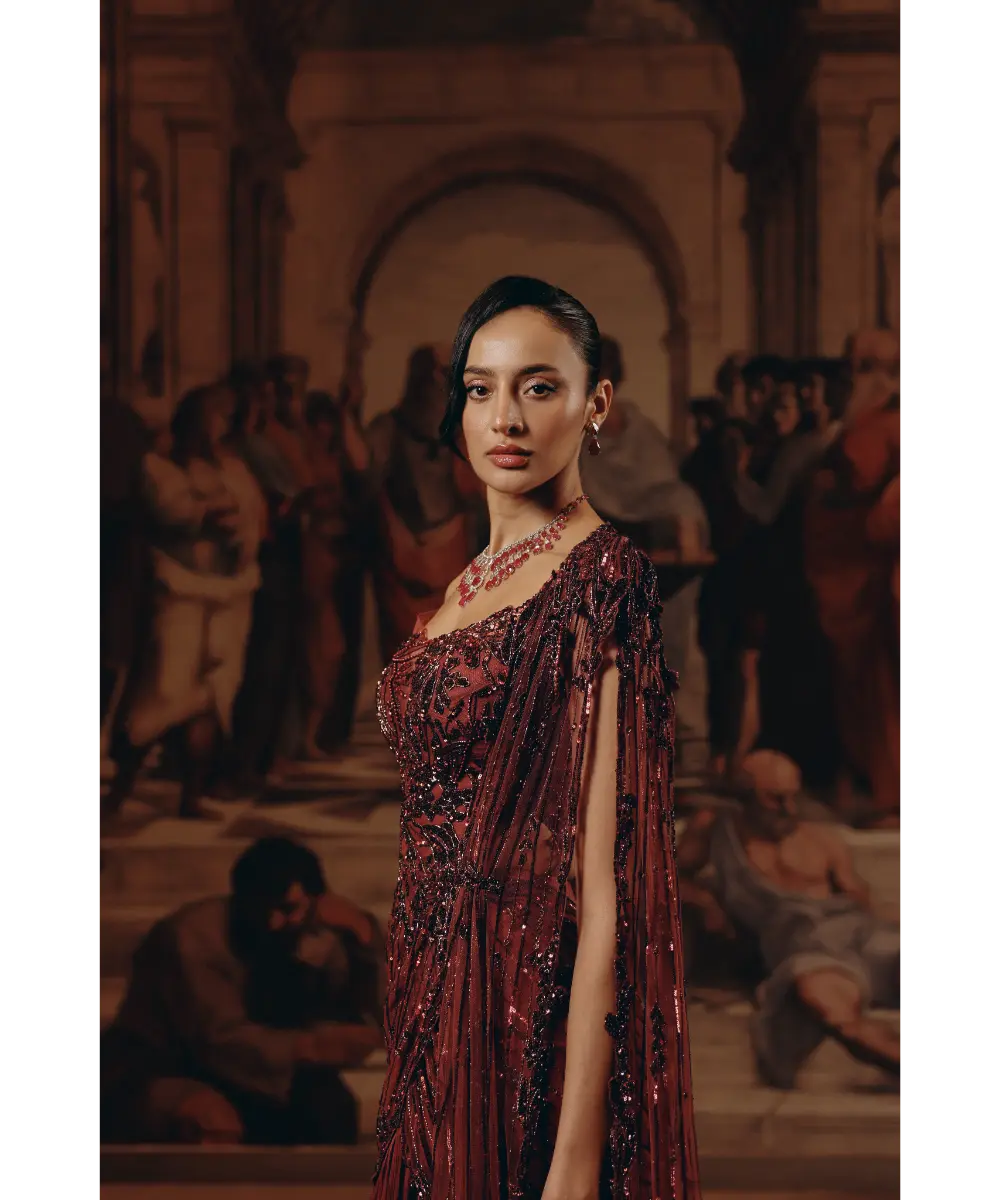 ADAARA COUTURE- Crimson Radiance saree