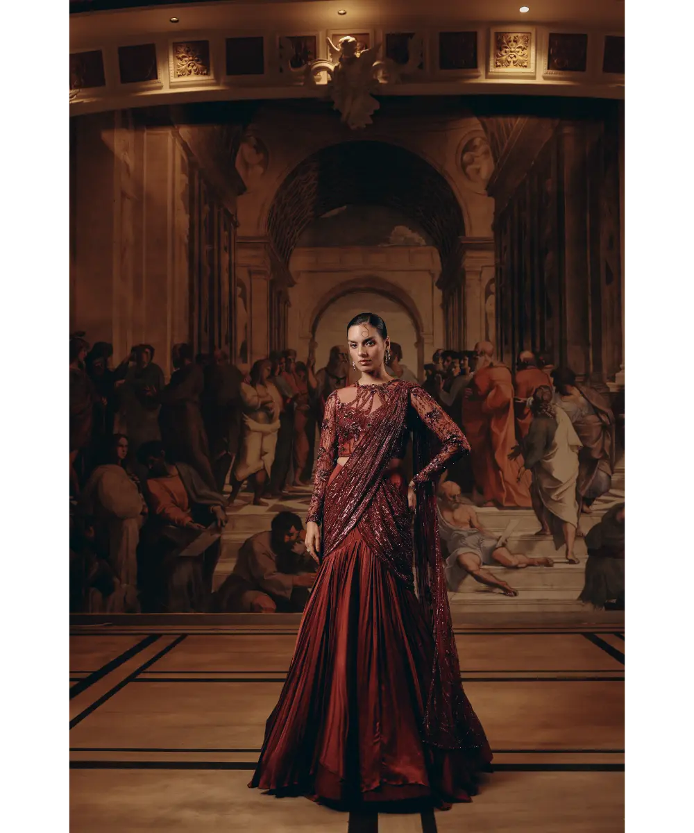 ADAARA COUTURE- Imperial Garnet Drape saree