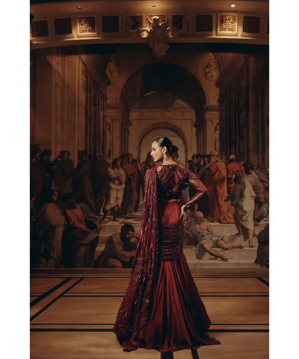 ADAARA COUTURE- Imperial Garnet Drape saree