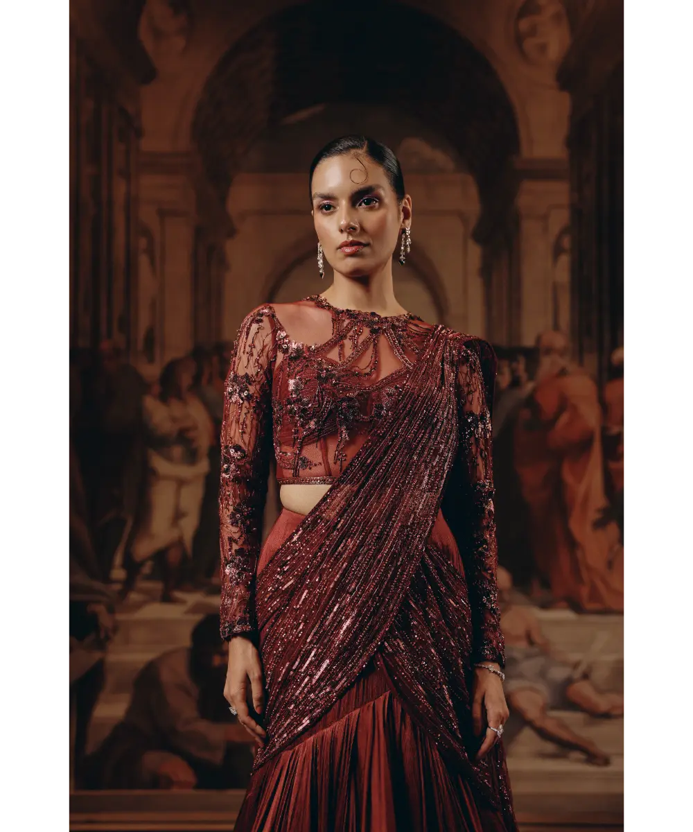 ADAARA COUTURE- Imperial Garnet Drape saree