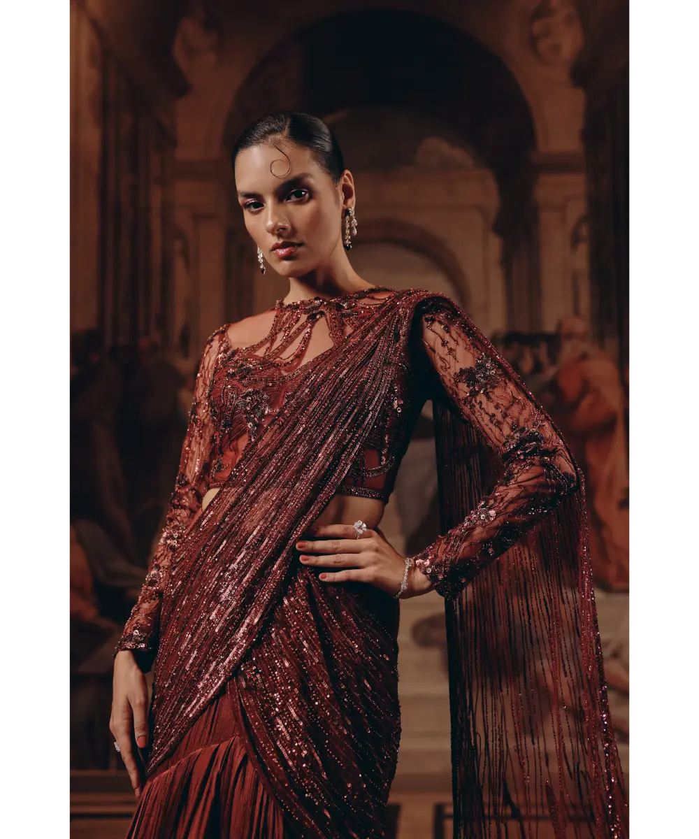 ADAARA COUTURE- Imperial Garnet Drape saree