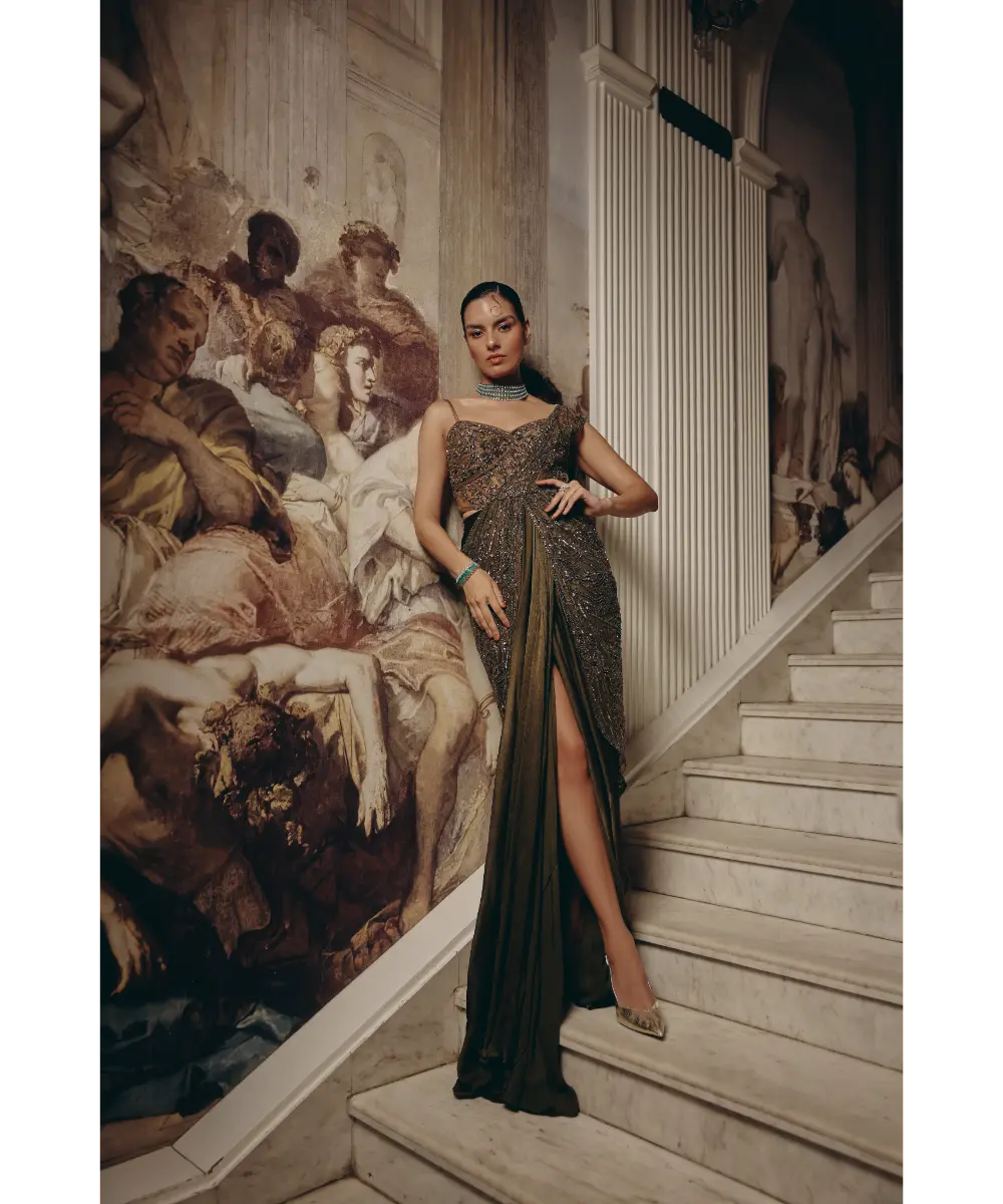 ADAARA COUTURE - Enchanted Olive Drape saree