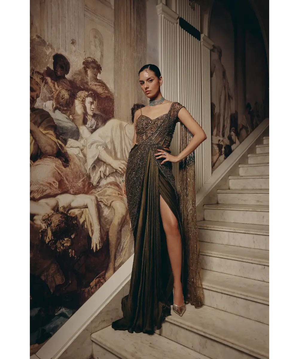 ADAARA COUTURE - Enchanted Olive Drape saree