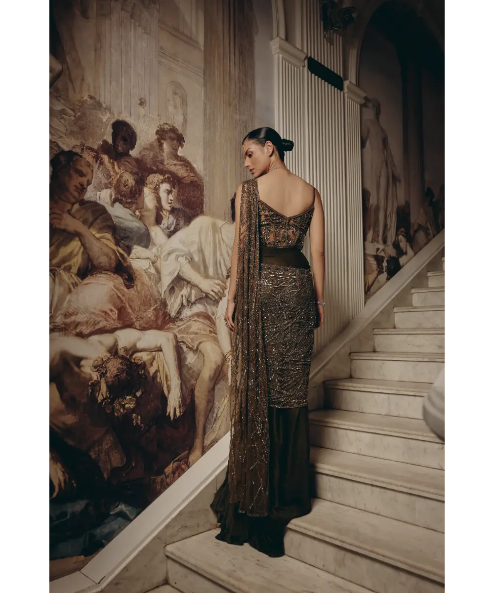 ADAARA COUTURE - Enchanted Olive Drape saree