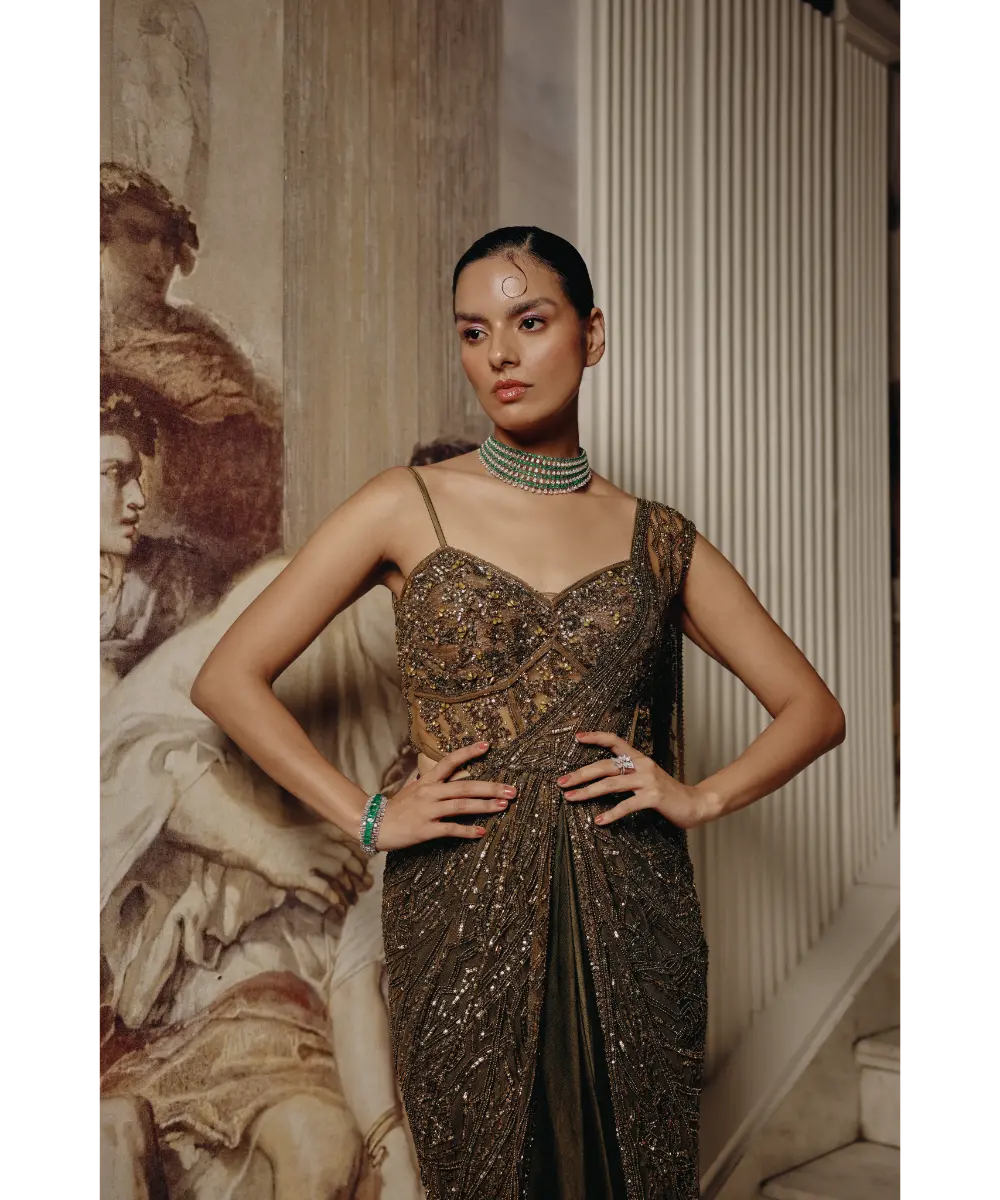 ADAARA COUTURE - Enchanted Olive Drape saree