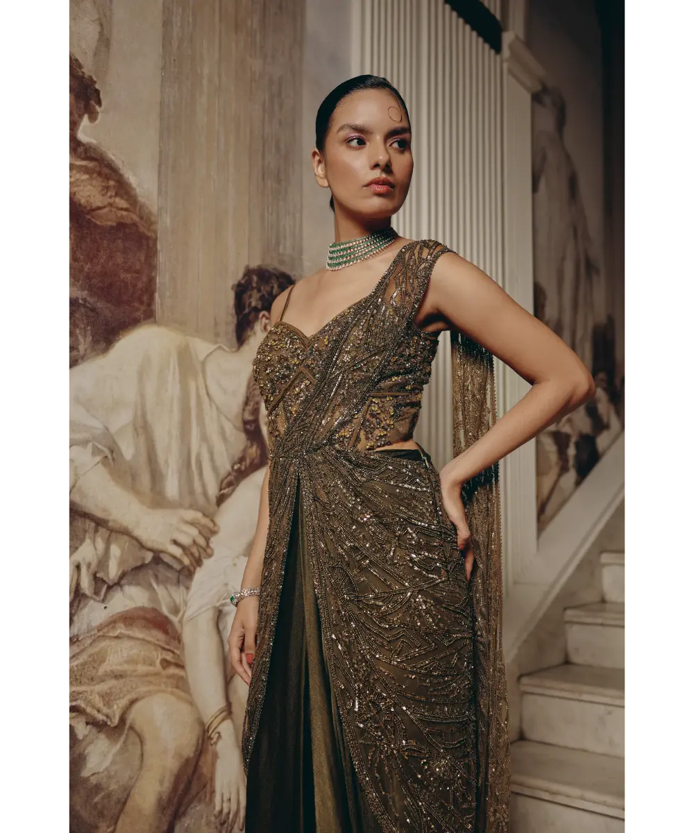 ADAARA COUTURE - Enchanted Olive Drape saree