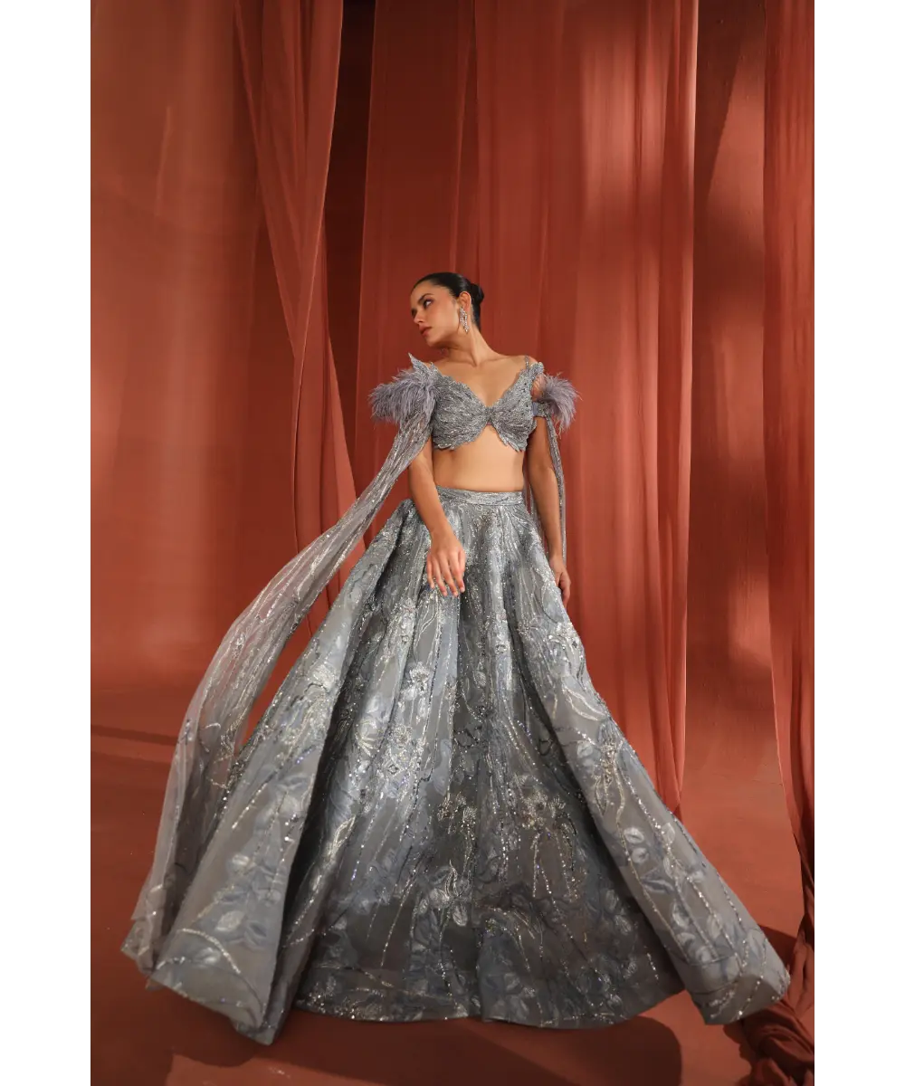 ADAARA COUTURE - Crystal Feather Lehenga