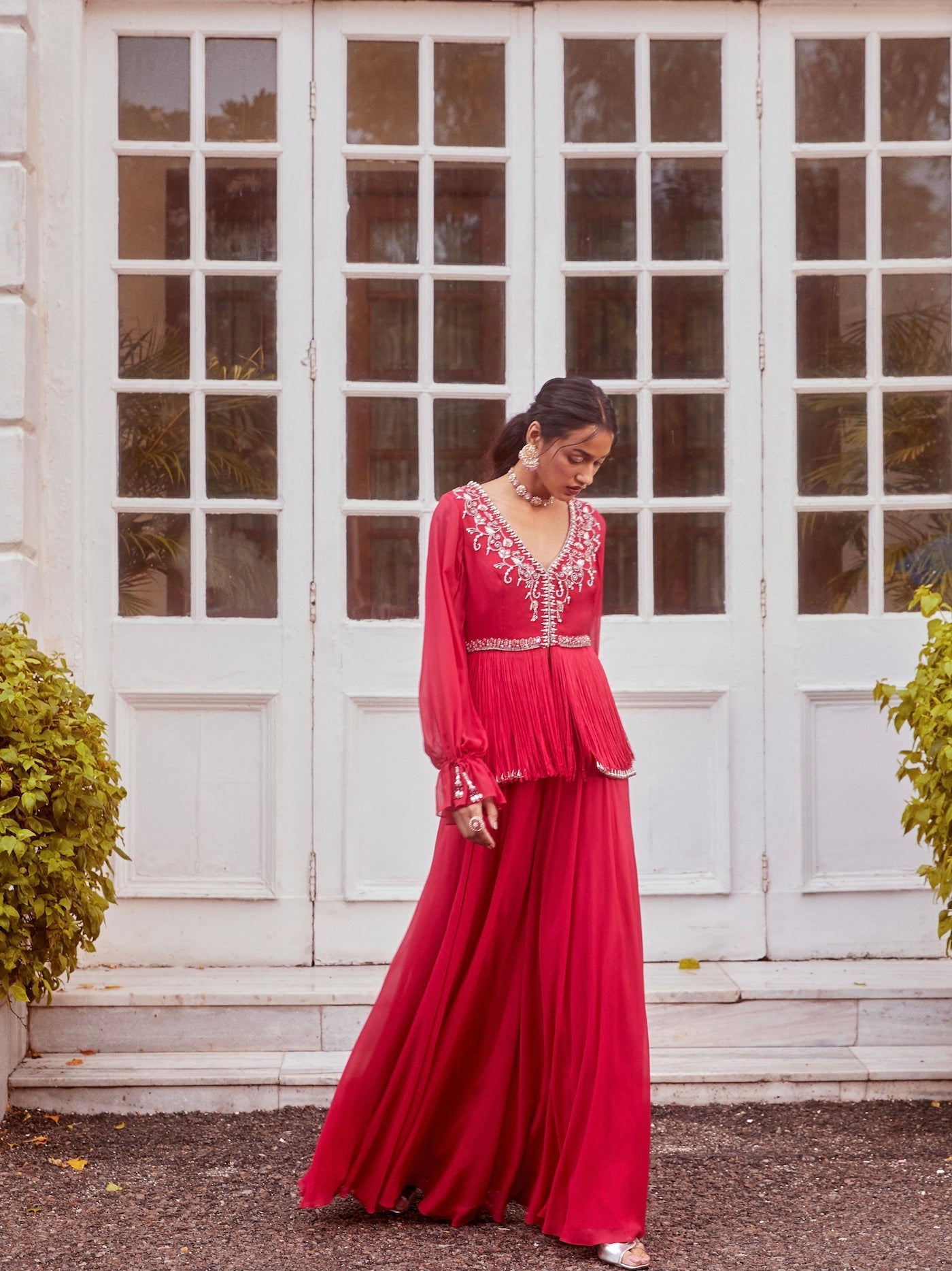 Sanya Gulati - Fuchsia Fringe Peplum with Flared Palazzo Set from Fizah