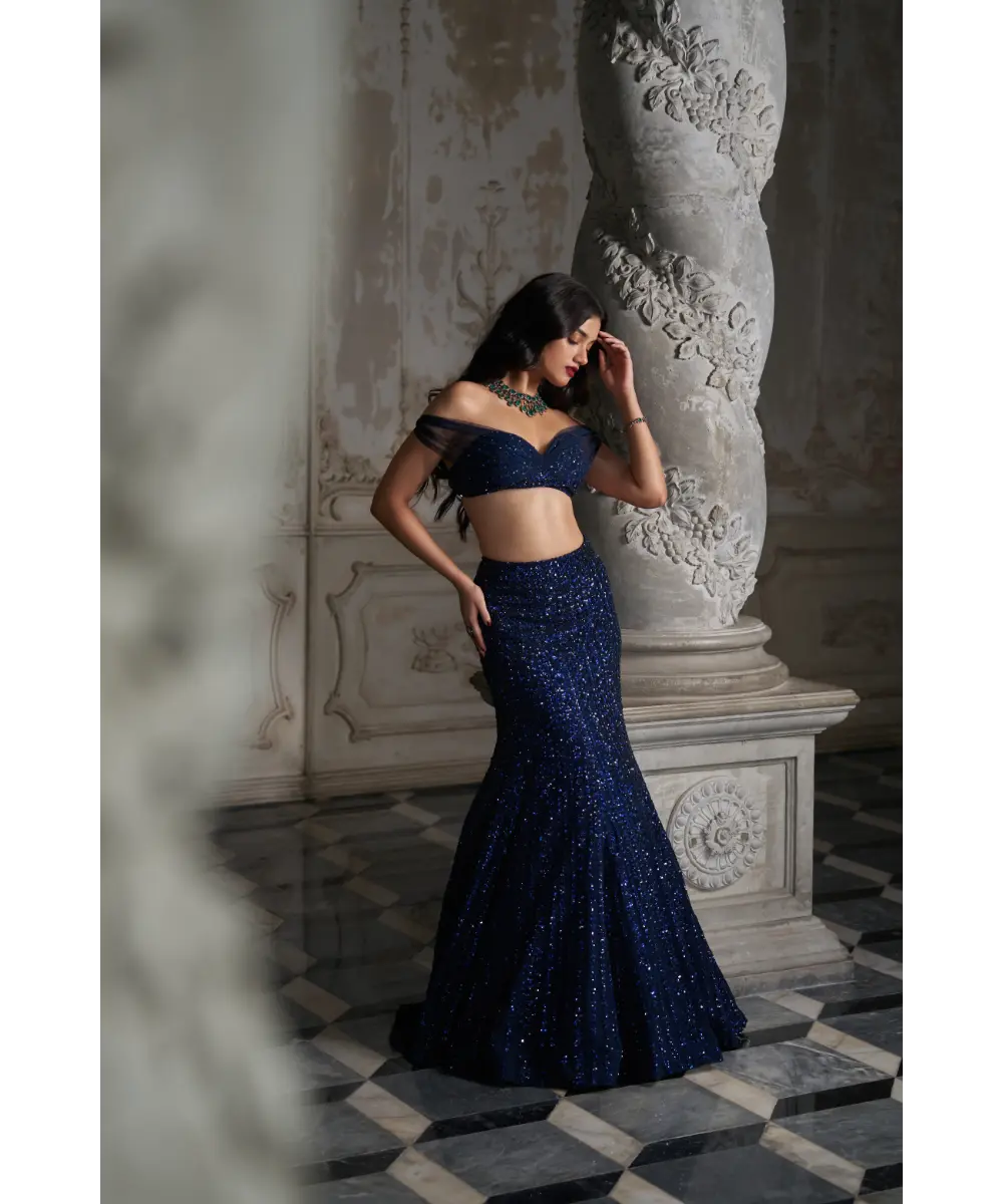 SEEMA GUJRAL- Navy Sequin Skirt Set