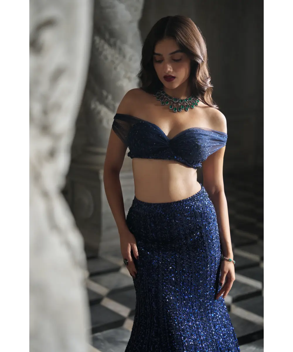 SEEMA GUJRAL- Navy Sequin Skirt Set