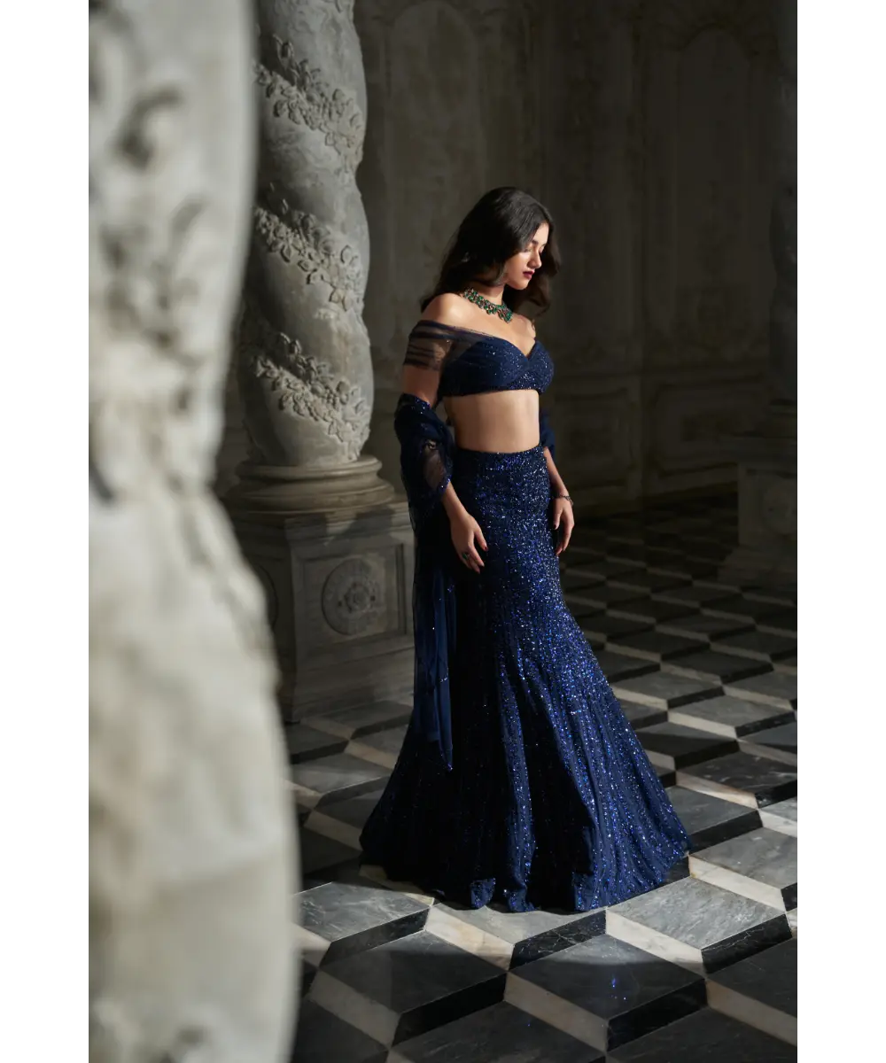 SEEMA GUJRAL- Navy Sequin Skirt Set