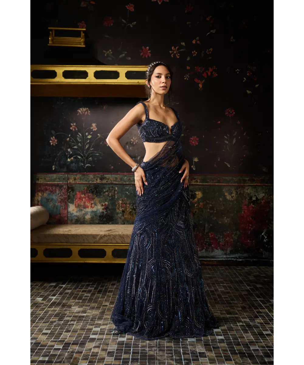 MIDNIGHT BLUE EMBELLISHED MERMAID SKIRT SAREE SET