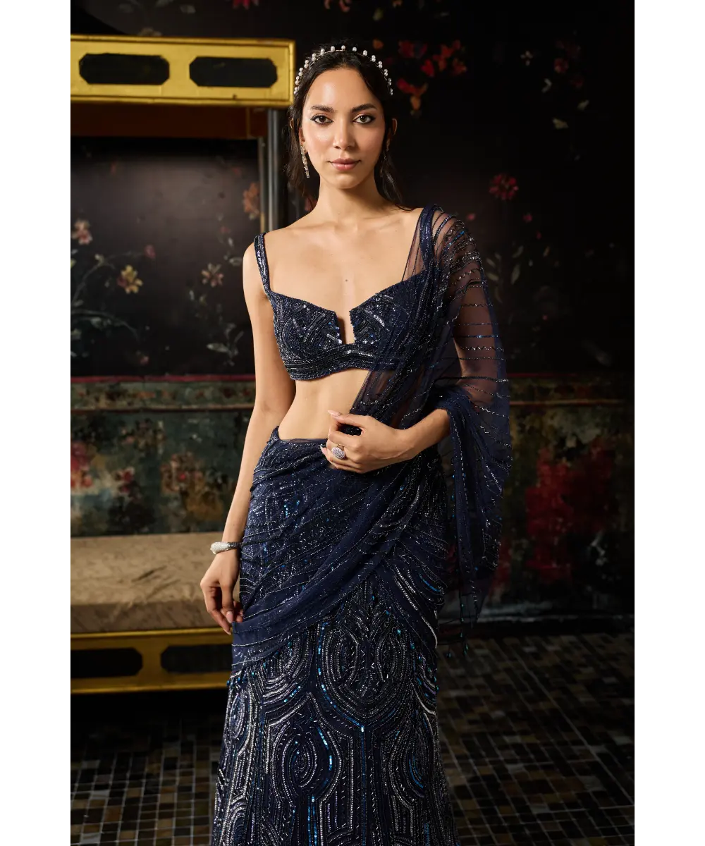 MIDNIGHT BLUE EMBELLISHED MERMAID SKIRT SAREE SET