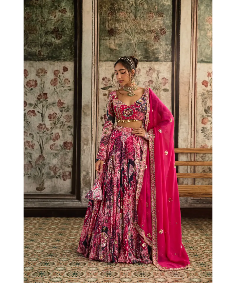 DIYARAJVVIR - FUSCHIA PRINT AND HIGHLIGHTED ANGRAKHA BLOUSE LEHENGA SET