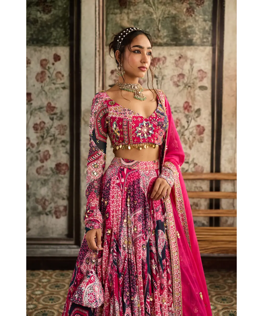 DIYARAJVVIR - FUSCHIA PRINT AND HIGHLIGHTED ANGRAKHA BLOUSE LEHENGA SET