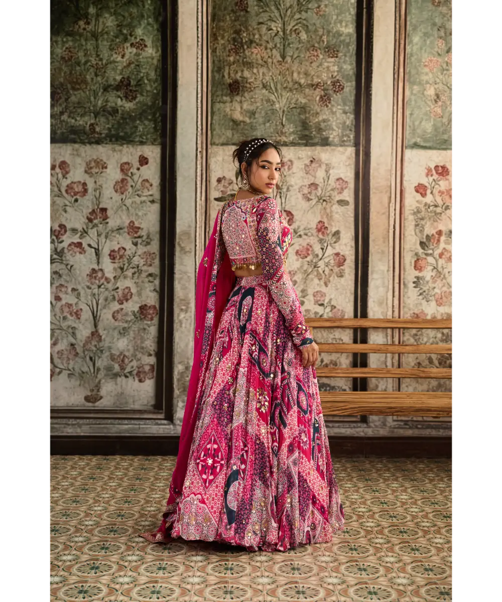 DIYARAJVVIR - FUSCHIA PRINT AND HIGHLIGHTED ANGRAKHA BLOUSE LEHENGA SET