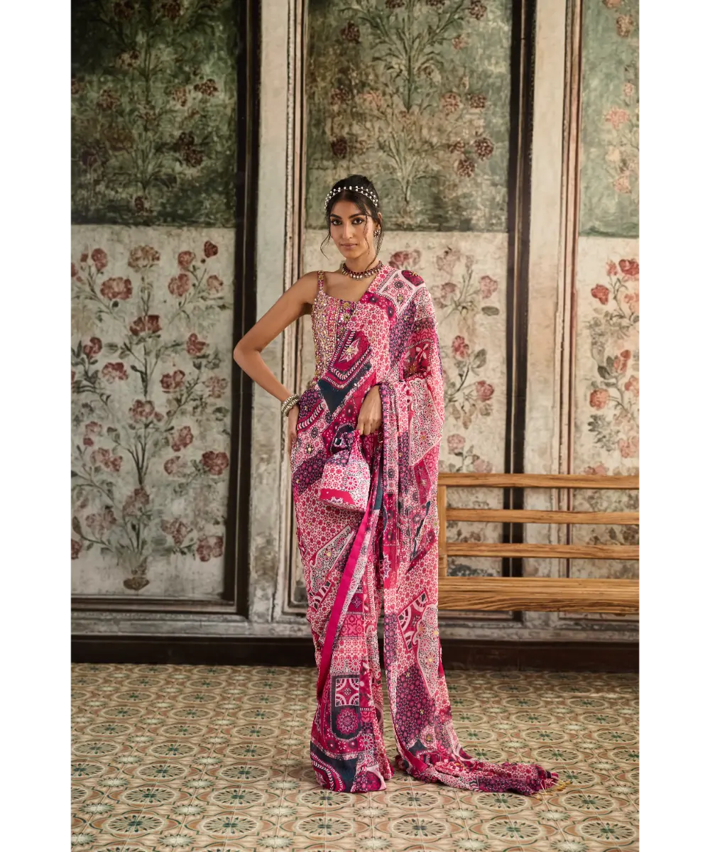 Diya Rajvvir - FUSCHIA PRINT AND HIGHLIGHTED CORSET BLOUSE PAIRED WITH PRE-DRAPED CLASSIC  SAREE  SET (Sale Piece)