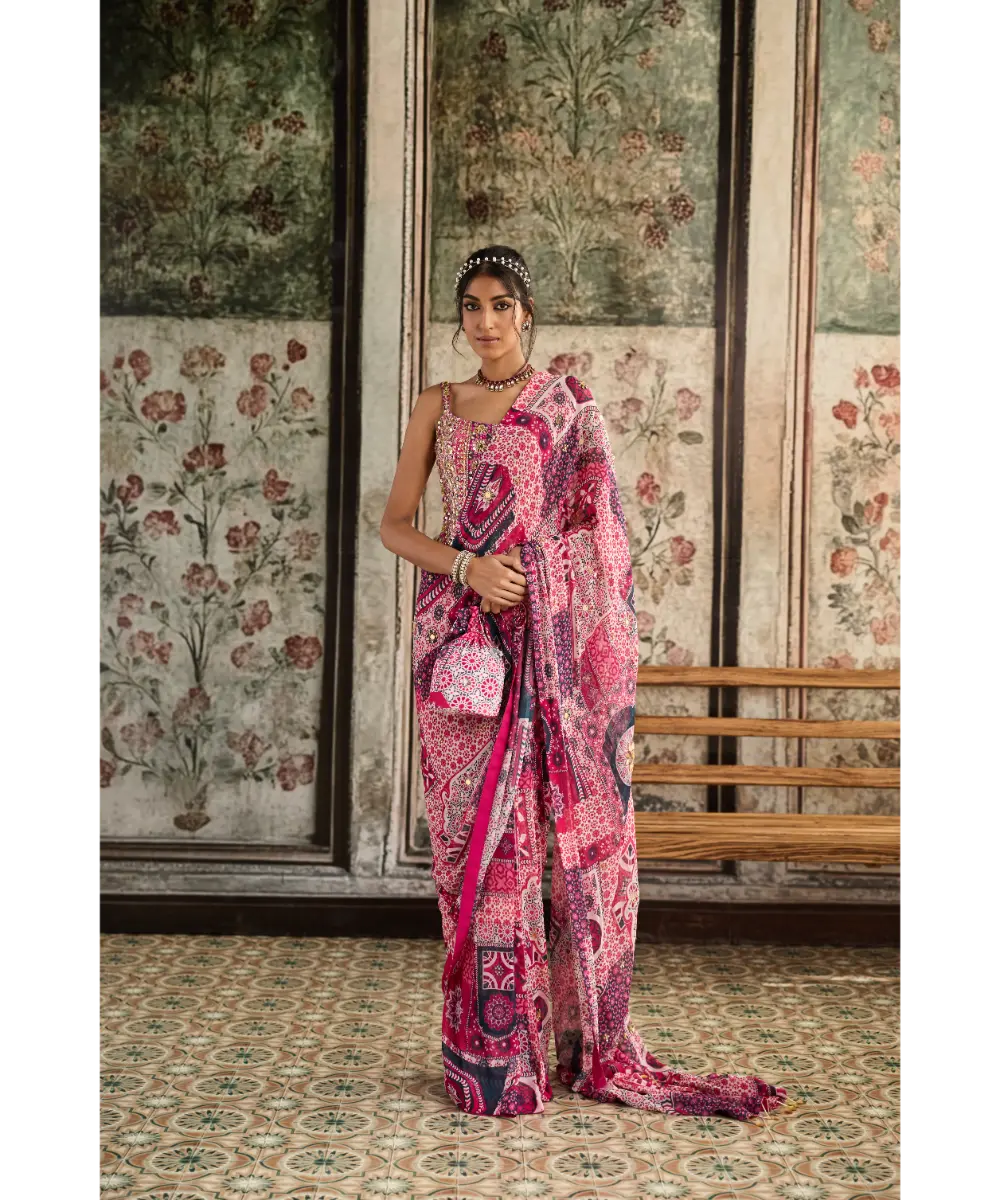 Diya Rajvvir - FUSCHIA PRINT AND HIGHLIGHTED CORSET BLOUSE PAIRED WITH PRE-DRAPED CLASSIC  SAREE  SET (Sale Piece)