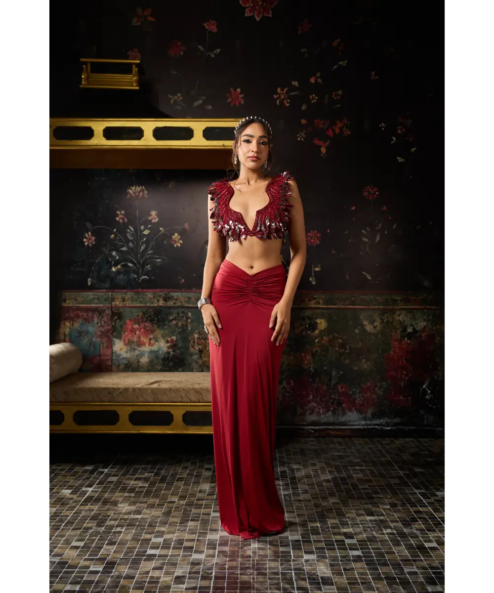 DIYARAJVVIR - DEEP RED CUTWORK BLOUSE WITH DRAPED SKIRT SET