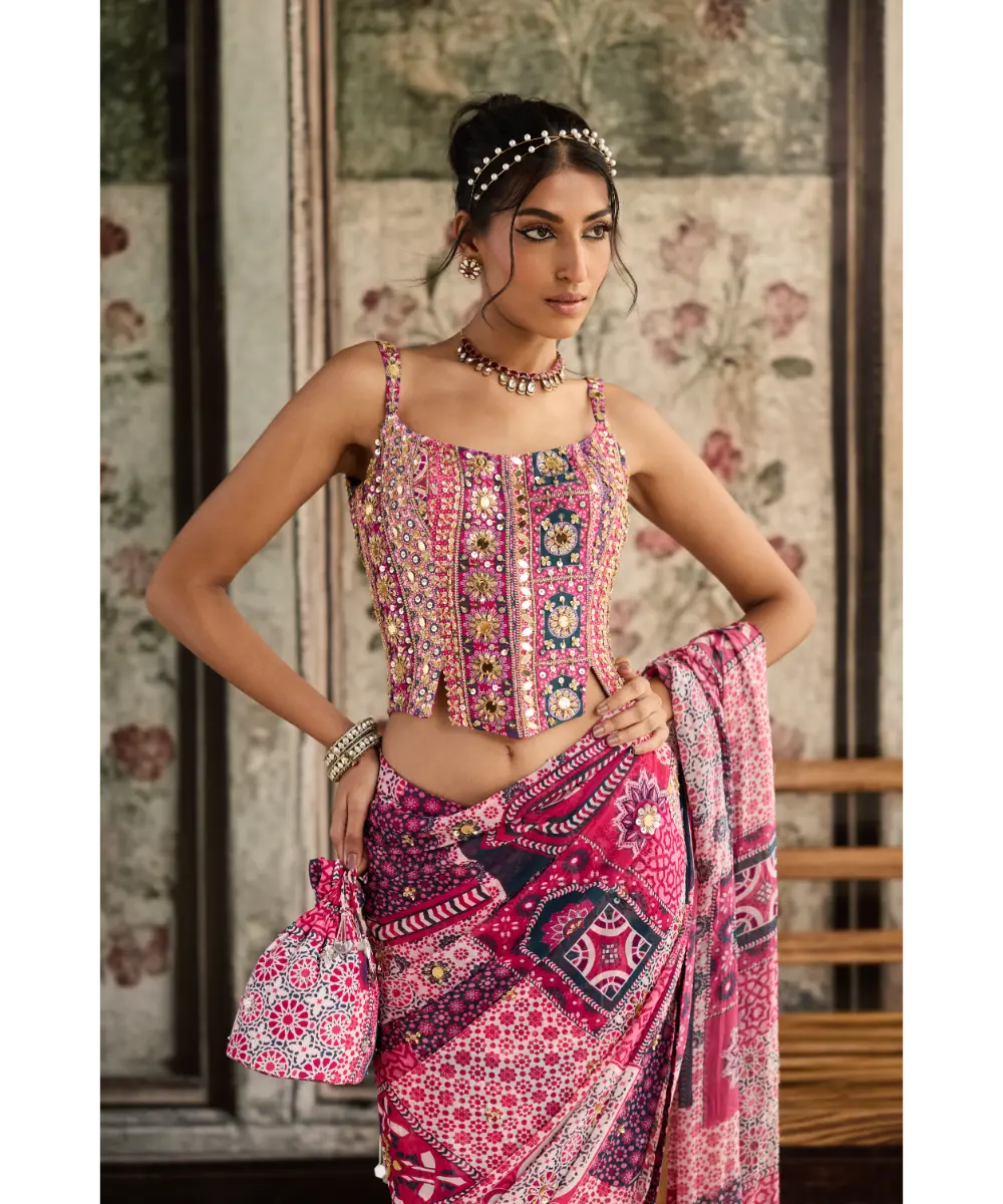 Diya Rajvvir - FUSCHIA PRINT AND HIGHLIGHTED CORSET BLOUSE PAIRED WITH PRE-DRAPED CLASSIC  SAREE  SET (Sale Piece)