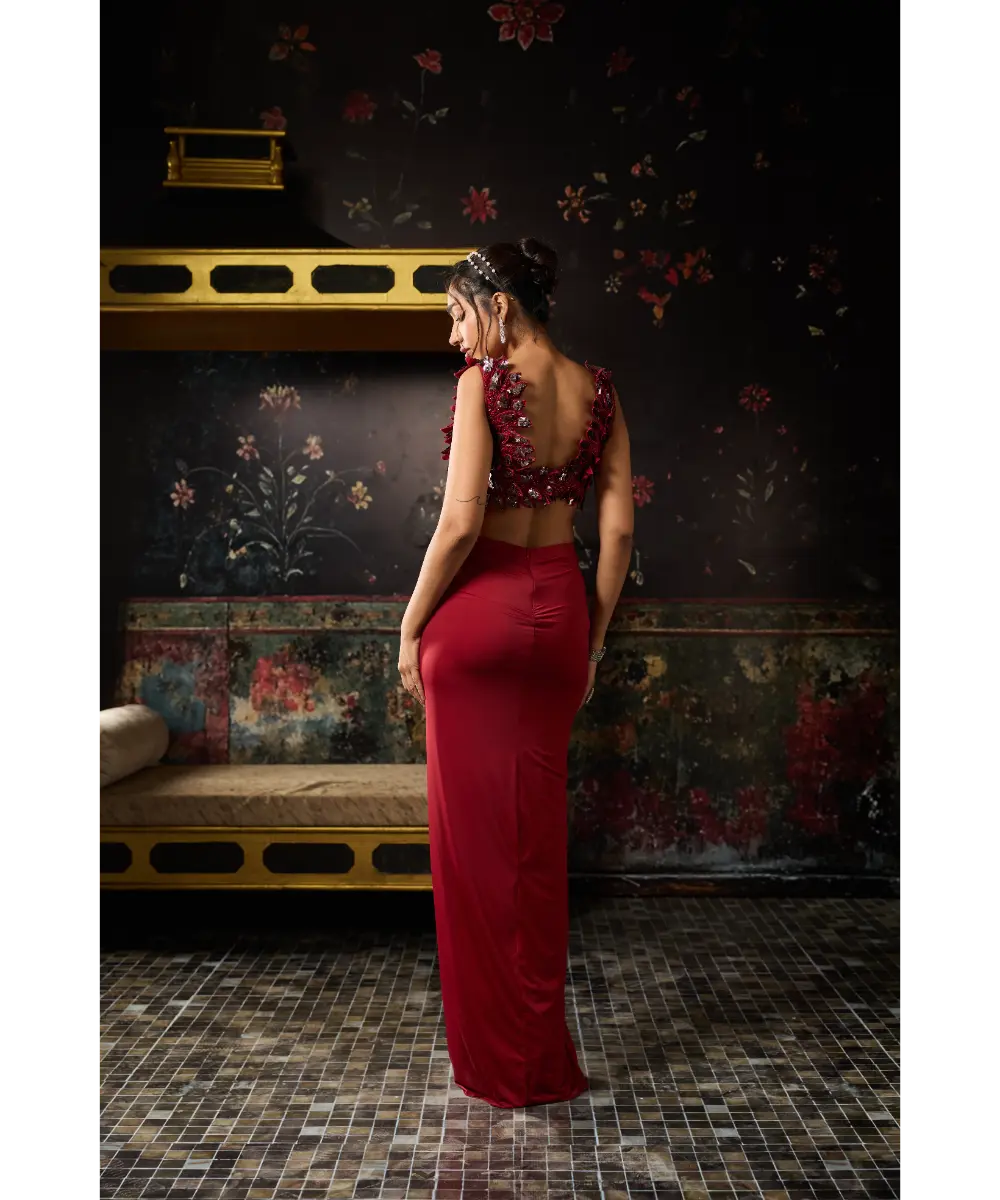 DIYARAJVVIR - DEEP RED CUTWORK BLOUSE WITH DRAPED SKIRT SET