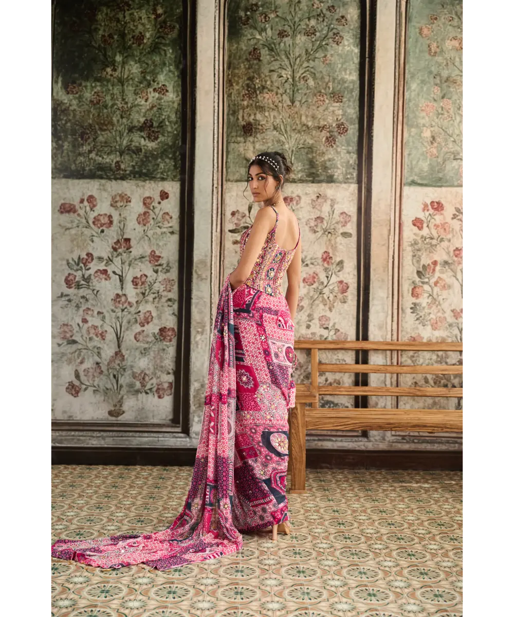 Diya Rajvvir - FUSCHIA PRINT AND HIGHLIGHTED CORSET BLOUSE PAIRED WITH PRE-DRAPED CLASSIC  SAREE  SET (Sale Piece)
