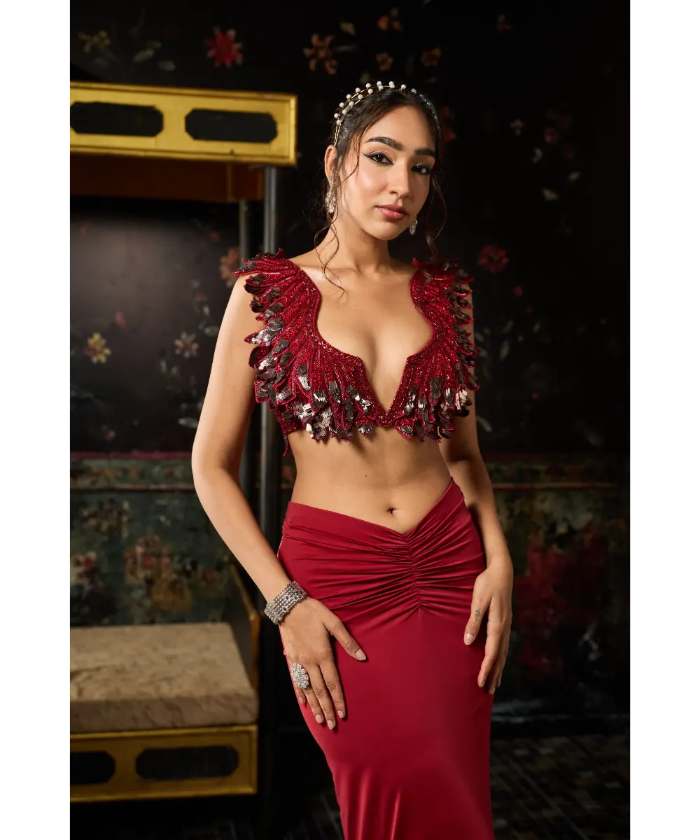 DIYARAJVVIR - DEEP RED CUTWORK BLOUSE WITH DRAPED SKIRT SET