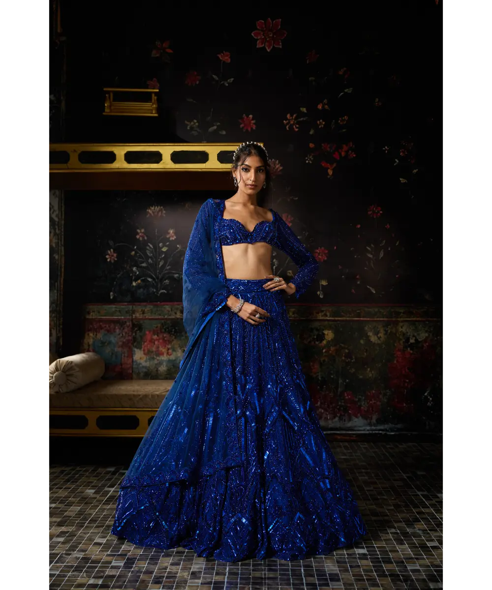 DIYARAJVVIR - ELECTRIC BLUE 3D ARC EMBELLISHED LEHENGA SET