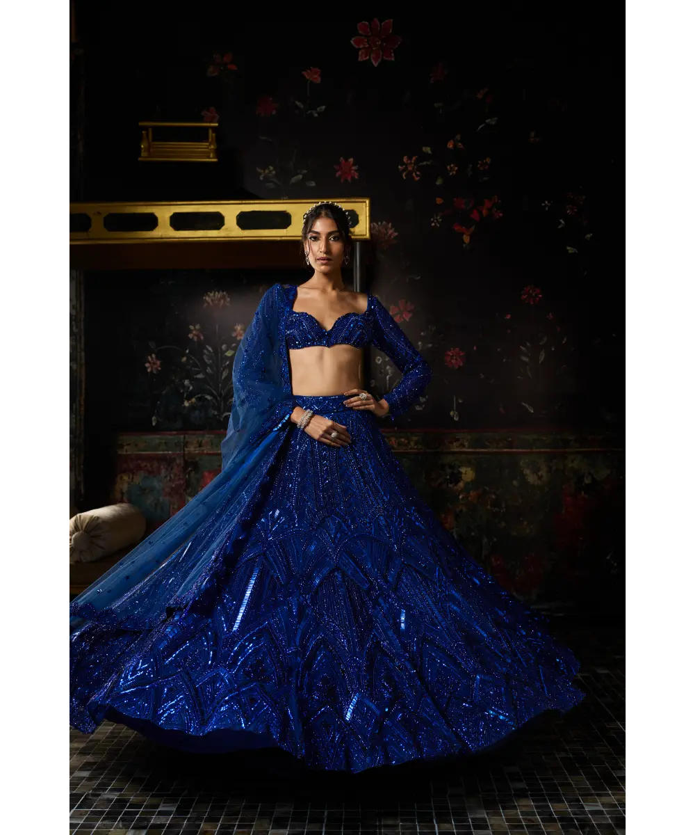 DIYARAJVVIR - ELECTRIC BLUE 3D ARC EMBELLISHED LEHENGA SET