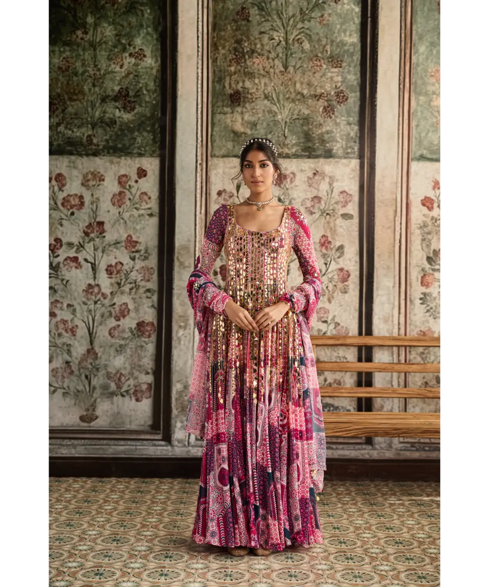 DIYARAJVVIR - FUSCHIA PRINT AND HIGHLIGHTED ANARKALI SET