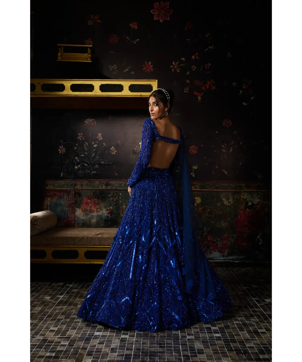 DIYARAJVVIR - ELECTRIC BLUE 3D ARC EMBELLISHED LEHENGA SET