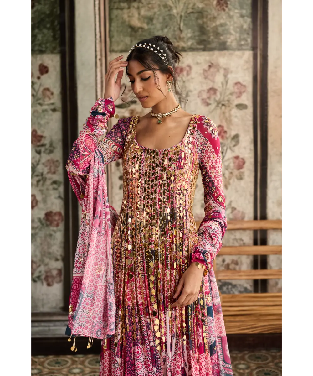 DIYARAJVVIR - FUSCHIA PRINT AND HIGHLIGHTED ANARKALI SET