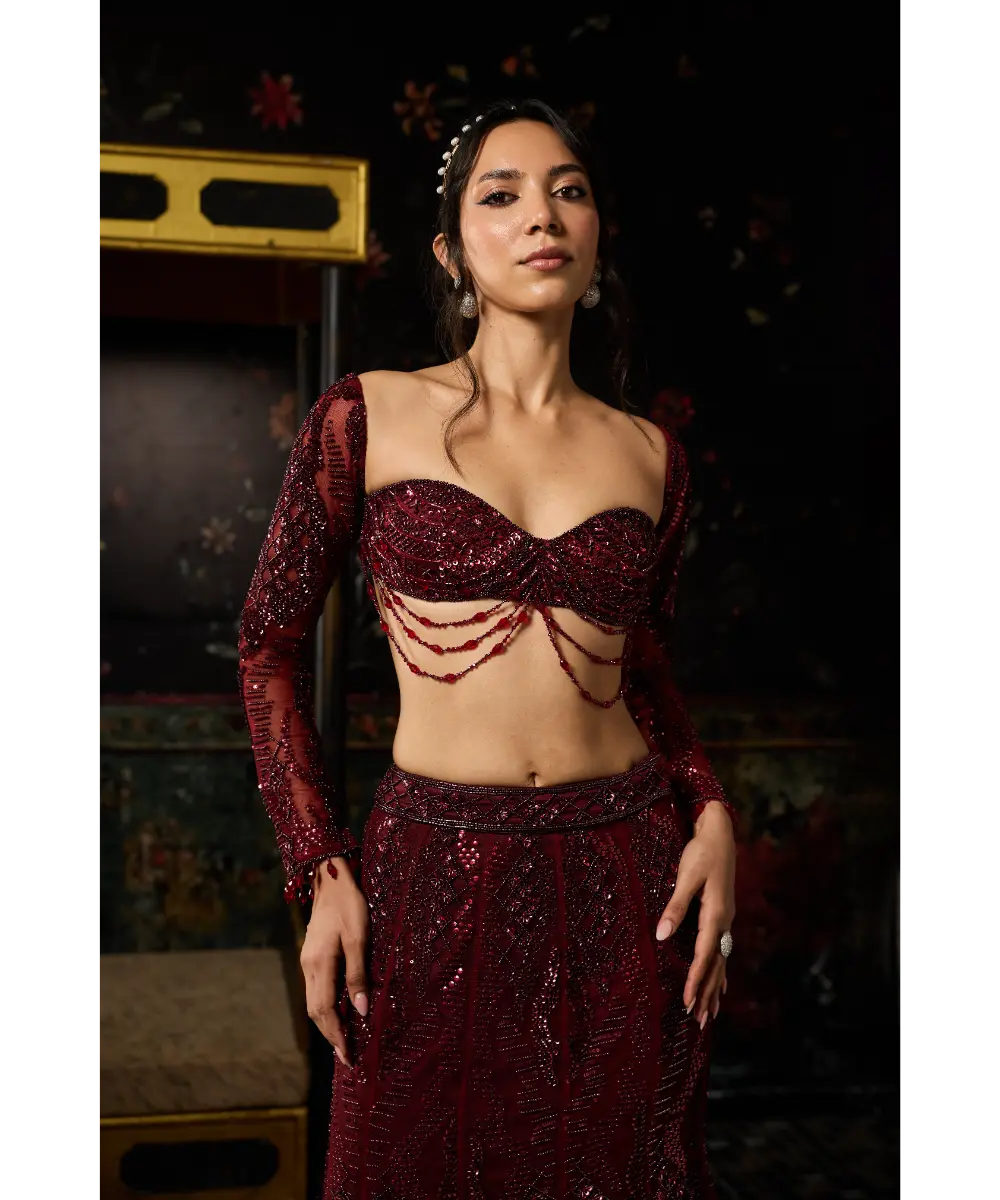 MAROON EMBELLISHED MERMAID LEHENAG SET